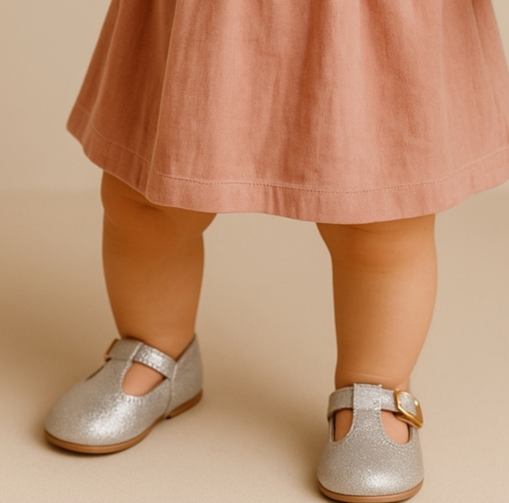 NEW A Bear Co Toddler Size 3 Color Change Silver Smooth‎ Glitter T-Straps Girls
